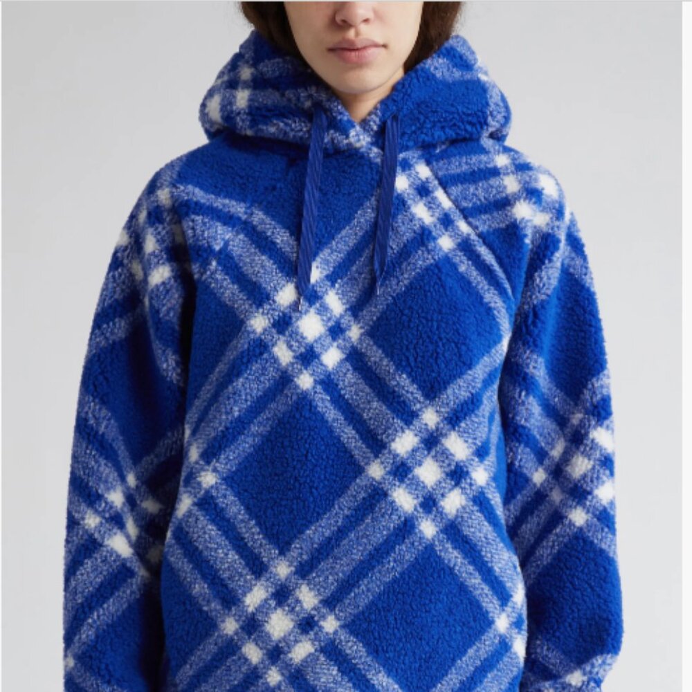 NWT Burberry Blue House Check Wool-Blend Oversized Hoodie - XSMALL